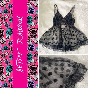 Vintage Betsey Johnson Polka Dot Frill Babydoll Black Lace Chemise Gown Size S